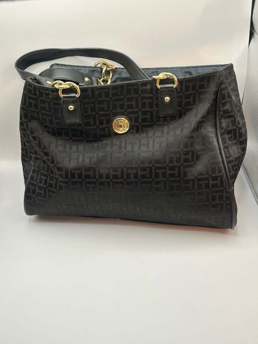 Tommy Hilfiger Black Monogram Jacquard Signature Tote w/ Gold-Tone Chain Handles
